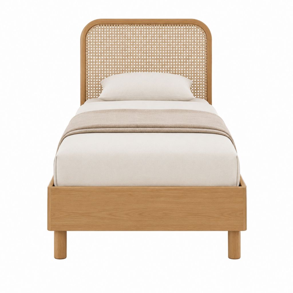 Einzelbett Bettgestell Natur 90 x 200 cm aus Eichenholz mit Rattan Kopfteil