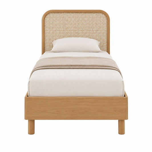 Einzelbett Bettgestell Natur 90 x 200 cm aus Eichenholz mit Rattan Kopfteil