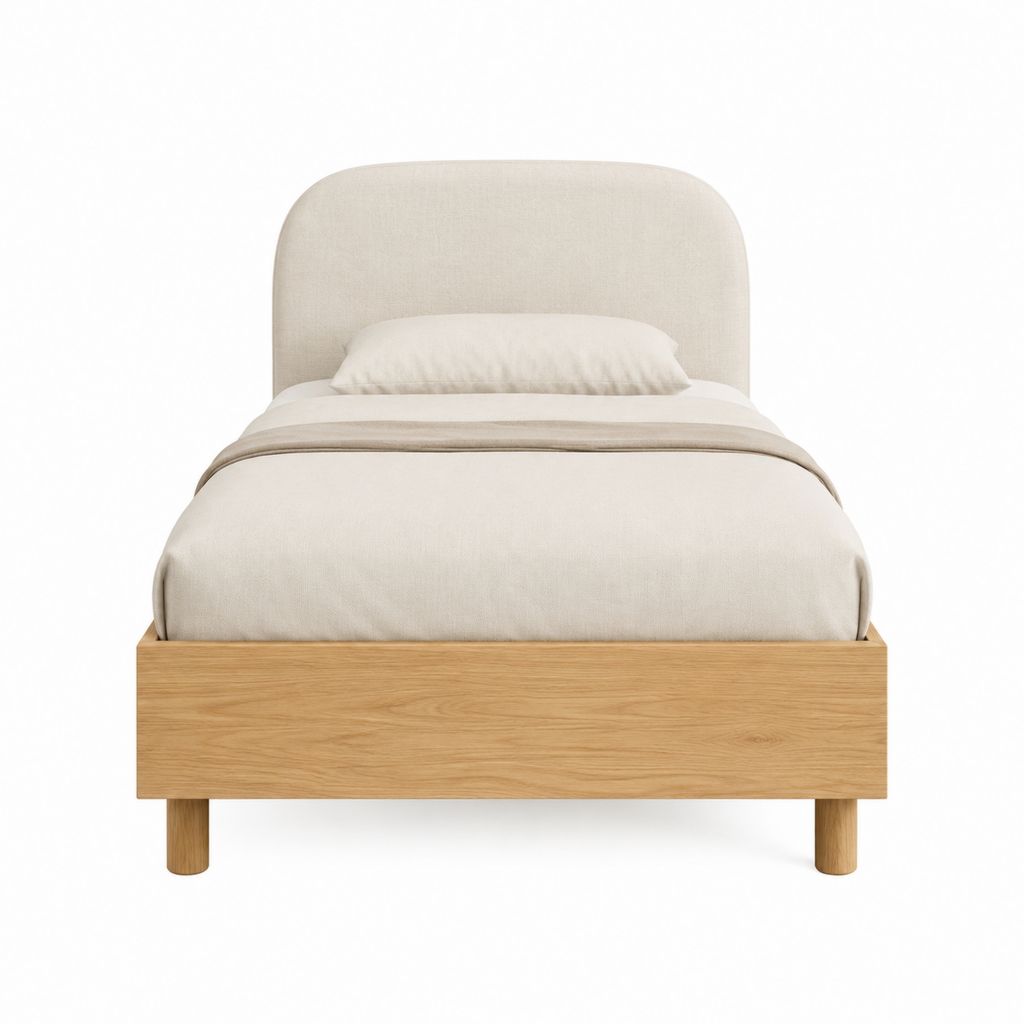Einzelbett Bettgestell Natur Eichenfurnier Polyester abgerundetes Kopfteil 90 x 200 cm