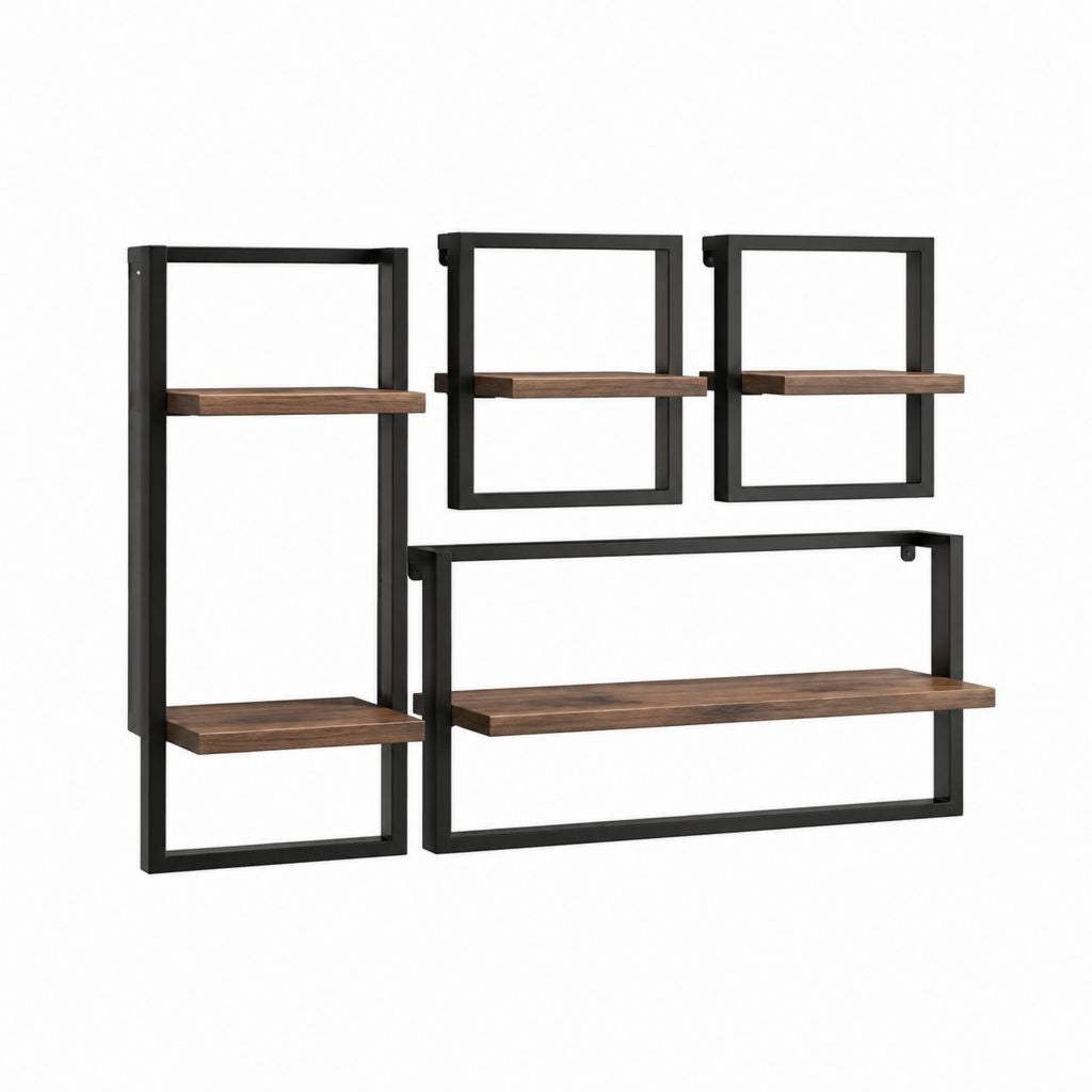 4-teiliges Wandregal Set Schwarz Braun aus Stahl und MDF 40 x 15 x 80 cm 40 x 15 x 40 cm 80 x 15 x 40 cm