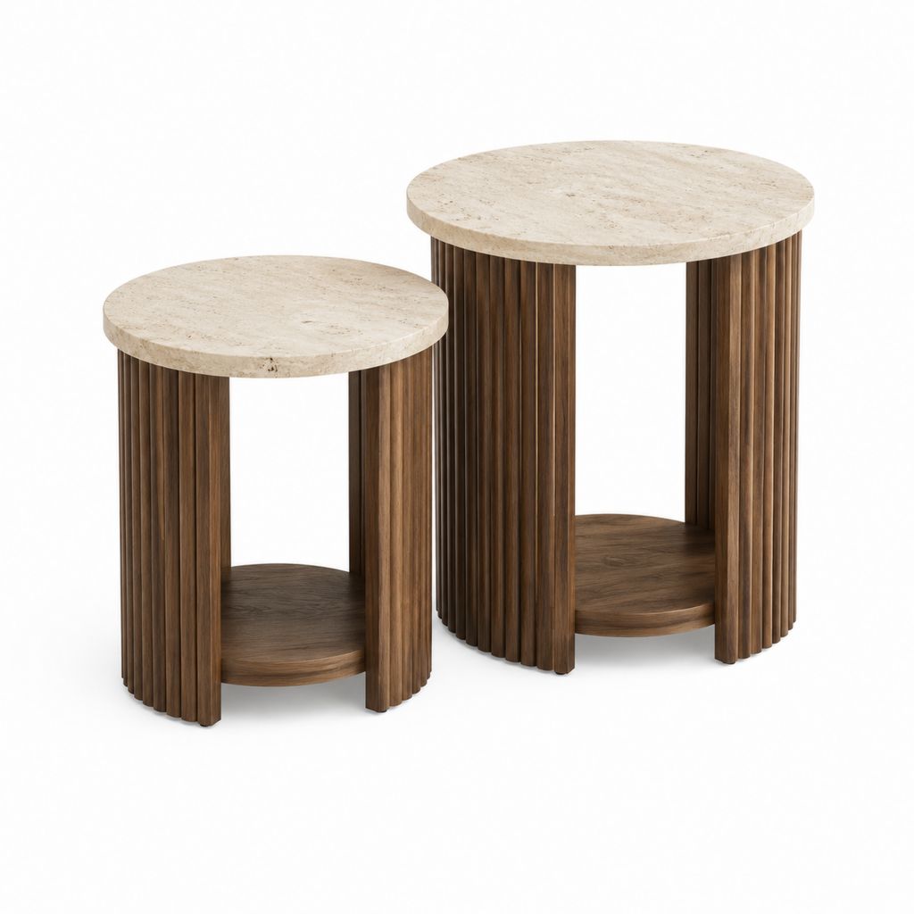 Couchtisch-Set 2-teilig Beige Braun Travertin Massivholz rund Ø 50 cm und Ø 40 cm