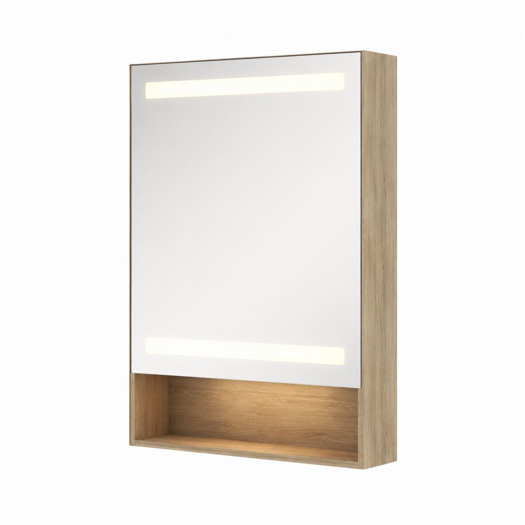LED Spiegelschrank eichefarben MDF rechteckig 60 x 80 x 15 cm mit offenem Fach